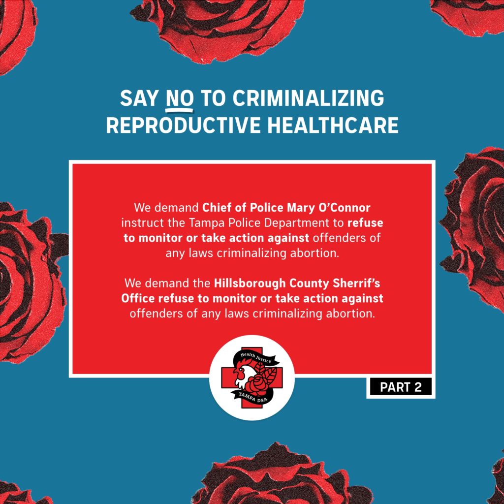 - We demand Mayor Jane Castor publicly release a written statement refusing to enforce any laws criminalizing abortion.  - We demand Chief of Police Mary O’Connor instruct the Tampa Police Department to refuse to monitor or take action against offenders of any laws criminalizing abortion. - We demand the Hillsborough County Sherrif’s Office refuse to monitor or take action against offenders of any laws criminalizing abortion.